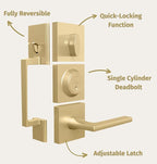 Mega Handles - TOBELLE Gold Entry Door Handleset - Single Cylinder Handleset with Lever for Entrance and Front Doors - Modern Door Handles for Left and Right-Handed Doors - Straight Handle