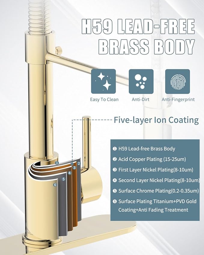 Gold Kitchen Faucet with Soap Dispenser, Pull Down Kitchen Faucet with Sprayer, Single Handle Kitchen Sink Faucet with Dual Function Spray Head, Camper Laundry RV Faucet,PVD