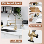 Fapully LED Kitchen Faucet with Pull Down Sprayer,Brushed Gold Commercial Kitchen Sink Faucet with Deck Plate