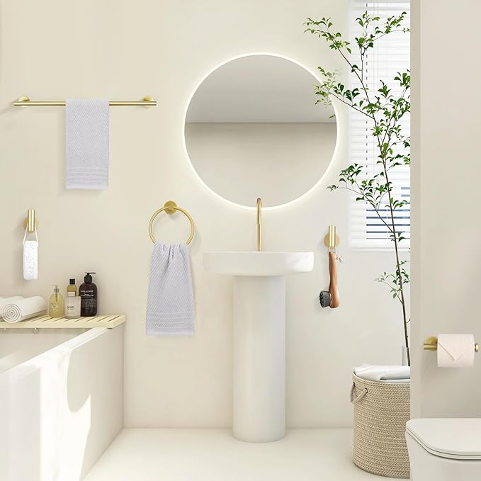 TURS Brushed Gold 5 Piece Bathroom Hardware Set, SUS304 Stainless Steel 24 Inch Bath Towel Bar Set, Round Bathroom Accessories Kit Wall Mounted