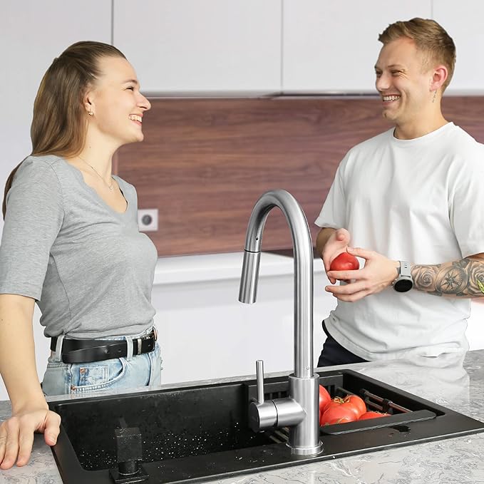 APPASO Kitchen Faucet with Pull Down Brushed Nickel, Single-Handle High Arc Swan-Neck Modern Kitchen Sink Faucet with Optional Deck Plate Stainless Steel