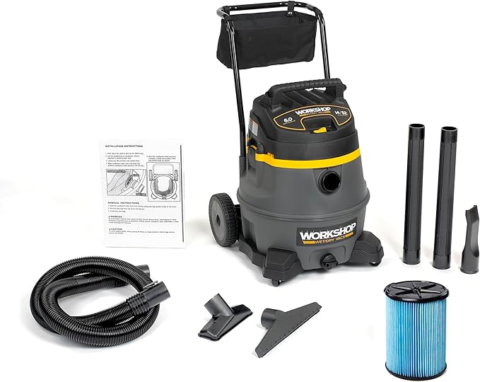 WORKSHOP Wet/Dry Vacs Shop Vacuum WS1400CA 14-Gallon 6.0 Peak HP High Power Wet Dry Vacuum Cleaner with Filter, Dust Bag, Hose, Attachments and Cart for Garage, Basement and Workshop Cleaning