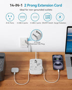 Short Extension Cord 3ft - 2 Prong Power Strip Surge Protector with 8 Outlets 6 USB Ports(3 USB C)4.8A/24W Charging Station, 3 prong to 2 prong adapter Wall Mount for Travel Dorm Room Essentials White