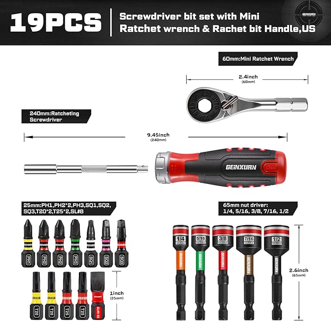 19 Pieces Ratcheting Screwdriver Set, Mini Rachet Wrench, Rachet Screwdriver Handle and Nut Driver with 12 Pcs Impact Screwdriver Bits, Portable Hand Tools Set for Repair DIY