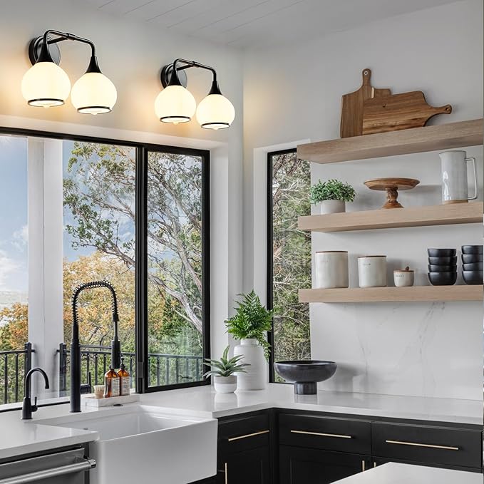Black Bathroom Light Fixtures 2 Lights Vanity Lights with Milky White Frosted Glass Shade Bathroom Vanity Light 14 inch Wall Sconce Lighting Bath(Exclude E26 Bulb)