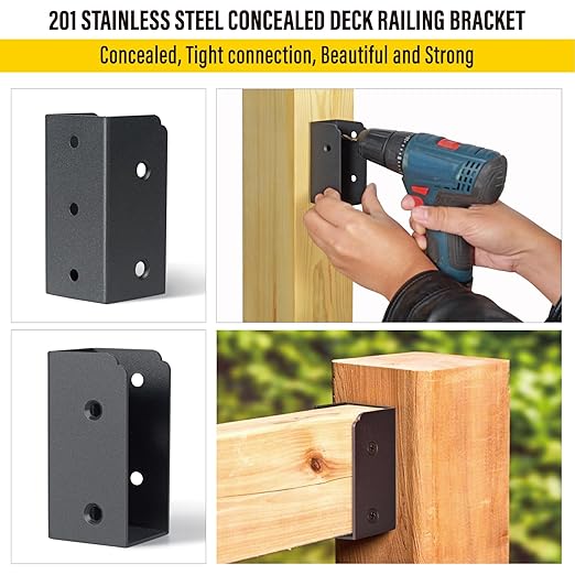 201 Stainless Steel 2" x 4" (Actually 1 ½" x 3 ½") Deck Railing Connector, for Deck Railing, Handrail, Barn and Beam end Connection Installation (12pc-Black)