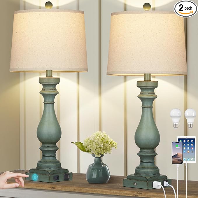29" Tall Table Lamp for Living Room Set of 2,Vintage Bedside Nightstand Lamps with USB C+A Ports & AC Outlet,3-Way Dimmable Touch Control Retro Green Desk Lamp for Bedroom,Color 4