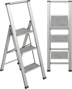 Step Ladder 3 Step Folding, Decorative - Beautiful Gray Wood & Silver Aluminum, Ultra Slim Profile, Anti Slip Steps, Sturdy-Portable for Home, Office, Kitchen, Photography Use,by SORFEY