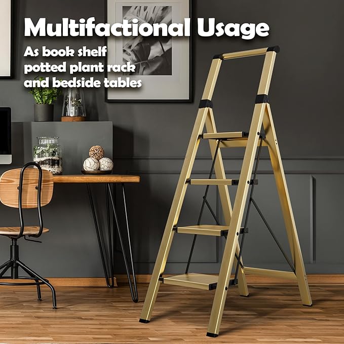 Taranta 4 Step Ladder, Portable Folding Ladder with Wide Pedal, Lightweight Aluminum Step Stool with Convenient Handgrip, 330 lbs Capacity Stepladder for Home, Office - Gold
