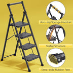KINGRACK Step Ladder 4 Step Folding, 900lbs 4 Step Ladder with Anti-Slip Wide Pedal and Handrails, Lightwight Household Ladder, Pass 900LBS Testing, for Your Kitchen, Pantry, Closets, Office Use