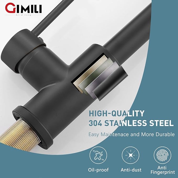 GIMILI Matte Black Kitchen Faucet with Soap Dispenser, Commercial Single Handle Spring Pull Out Kitchen Sink Faucets with Pull Down Sprayer