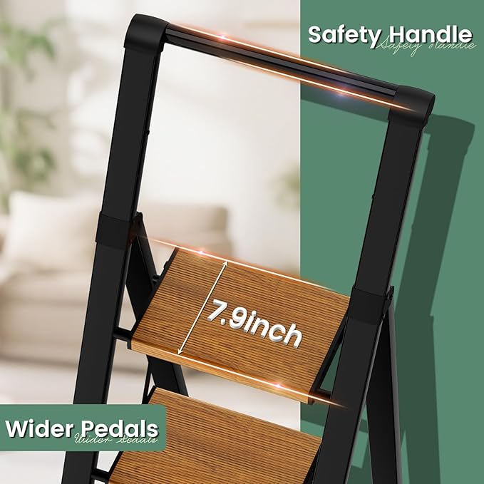 3 Step Ladder Folding Kitchen Step Stool for Adults, Ladders for Home