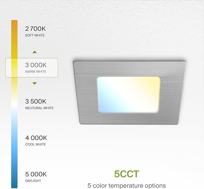 ASD 6 Pack LED Square Recessed Lighting 3 Inch, 5 CCT 2700K-5000K, 6W 30W Eqv, Ultra Thin Dimmable Ceiling Lights with J Box, Canless Wafer Downlight, Slim Panel Light, UL Energy Star, Brushed Nickel