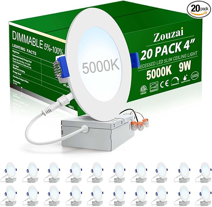 zouzai 20 Pack 4 Inch Ultra-Thin LED Recessed Ceiling Light with Junction Box 5000K Daylight Dimmable Can-Killer Downlight - ETL and Energy Star Certified