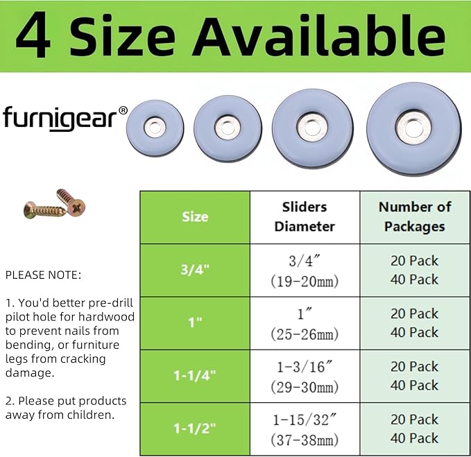 3/4" Screw on Furniture Glides Sliders for Wooden Furniture-Furnigear Heavy Duty PTFE (Teflon) Chair Leg Slides Move Your Furniture Easy & Safely - Best Floor Protector (20 Pack)