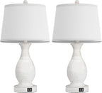 PARTPHONER Set of 2 Table Lamps with USB C+A Fast Charging Ports, 26" Tall Farmhouse Living Room Lamp with 3-Way Dimmable Nightstand Lamp White Fabric Shade for Living Room Bedroom Home Office
