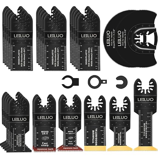 LEILUO 32 Pcs Multitool Blade Kit for Wood Nails Japanese Tooth Oscillating Saw Blades Titanium Oscillating Tool Blade with Storage Bag Compatible with DeWalt Dremel Makita and More