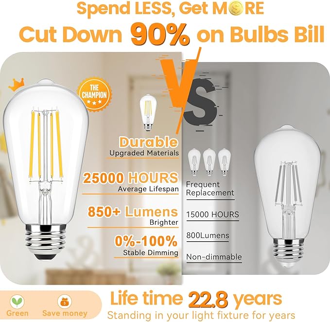 Brightever Edison Light Bulbs 60W Equivalent, Dimmable LED Edison Bulbs, 7W, 850LM, Vintage E26 LED Bulb 2700K Warm White, 90+CRI, ST58 Clear Glass Antique Decorative Filament Bulb for Room, 6-Pack
