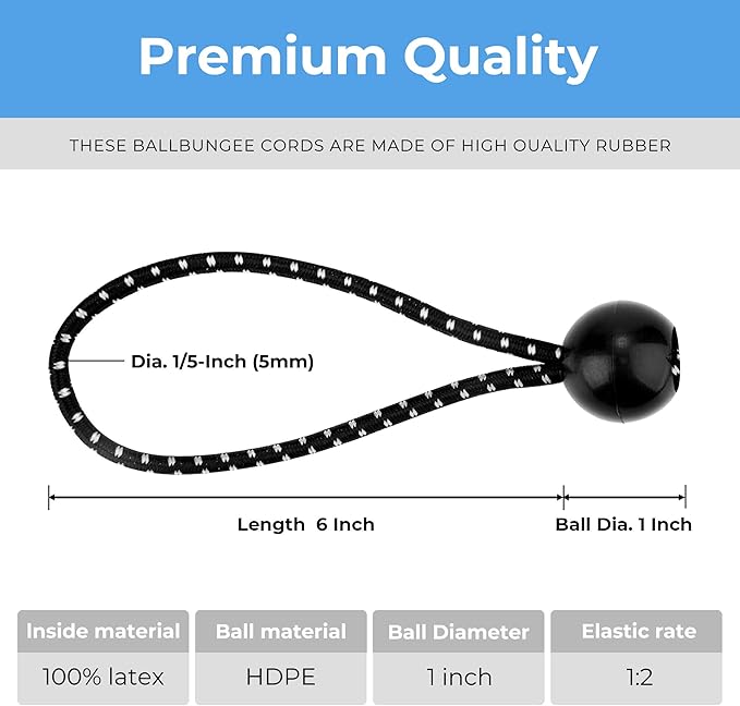 Cartman 30 Pack 6 Inch Ball Bungee Cords Canopy Ties with Elastic String for Canopy, Tarp, Straps, Tent, Black