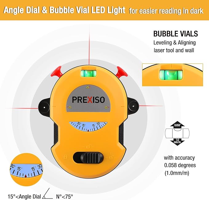 PREXISO Multi Surface Laser Level LED Light Vial, 30Ft Horizontal & Vertical Line Laser with Wall Mount Base, 2 Pins, 10 Sticker, 2 AA Batteries for Hanging Frames & Picture, Construction Wall Writing
