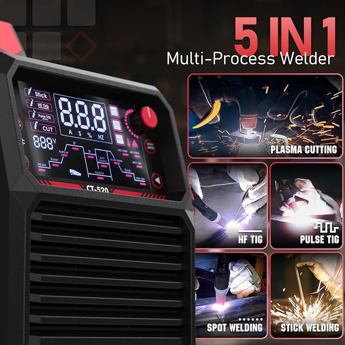 YESWELDER CT-520 Tig Welder & Plasma Cutter, 5-In-1 CUT/HF TIG/Pulse TIG/Spot Welding/Stick, 200A TIG and Stick & 50A Plasma Cutting, 110/220V Dual Voltage Multifunctional Welding Machine