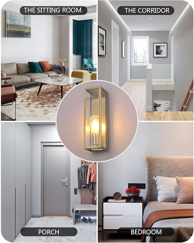 Outdoor Light Fixture, Exterior Wall Sconce, Brushed Brass Frame Wall Light with Clear Glass Shade for Porch, Garage, Patio, Doorway, Hallway