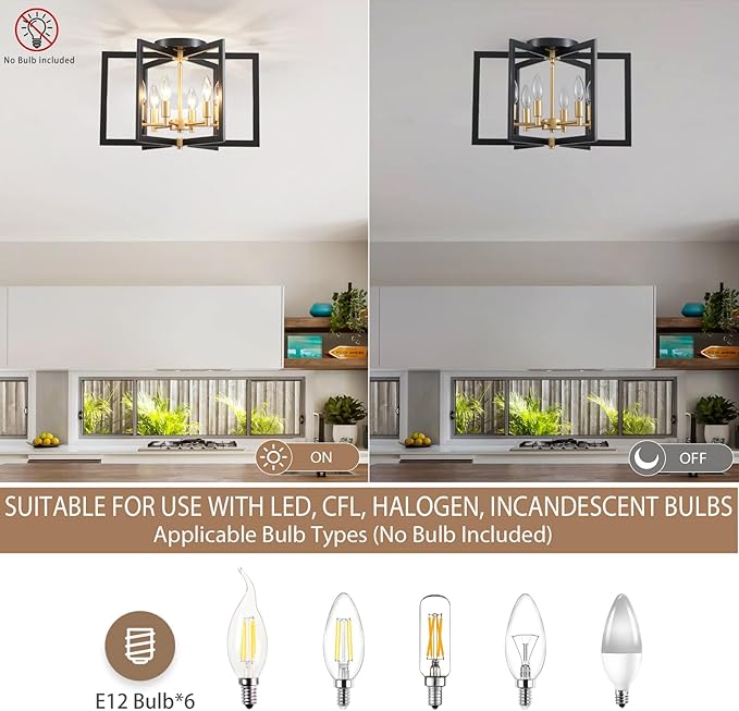 Ceiling 6-Light Black and Gold 20" Modern Geometric Semi Flush Mount Ceiling Lighting Fixture for Kitchen Island Living Room Dining Room Entryway