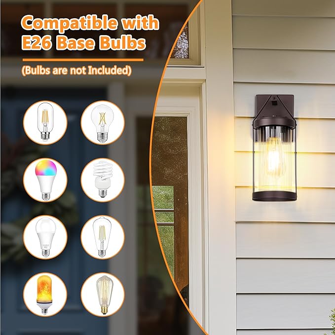 2-Pack Outdoor Wall Lights, Waterproof Light Fixtures Wall Mount with Clear Ribbed Glass, Modern Brown Exterior Wall Sconce Front Porch Outside Lights for House, Patio, Garage, Bulbs Not Included