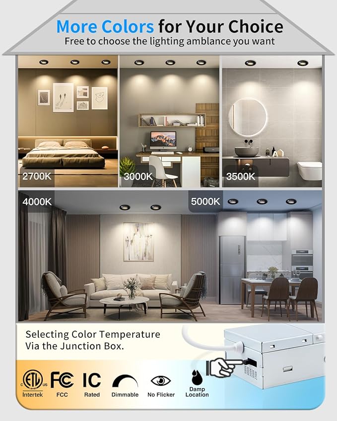 Adetu 3 Inch Gimbal Balck Led Recessed Lighting, 360°+90° Adjustable Directional Led Recessed Lights, 2700K/3000K/3500K/4000K/5000K Dimmable Retrofit Eyeball Can Lights with Jbox,ETL (Black, 12 Pack)