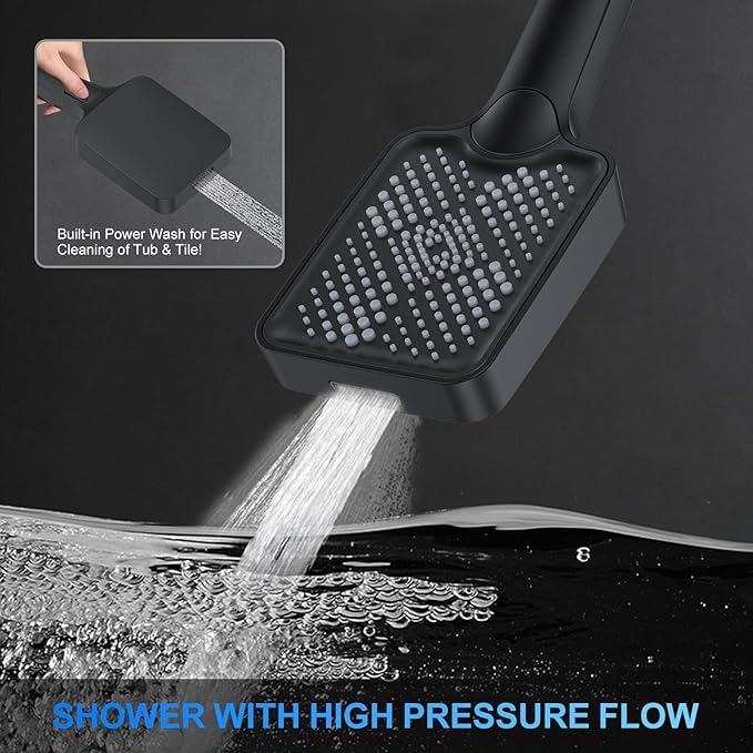 Shower Faucet Set, 10" Wall Mount Rainfall Shower System with 2 Rain Shower Head and Multi-function Handheld Head Push Button Diverter Shower Faucet Trim Kit Matte Black