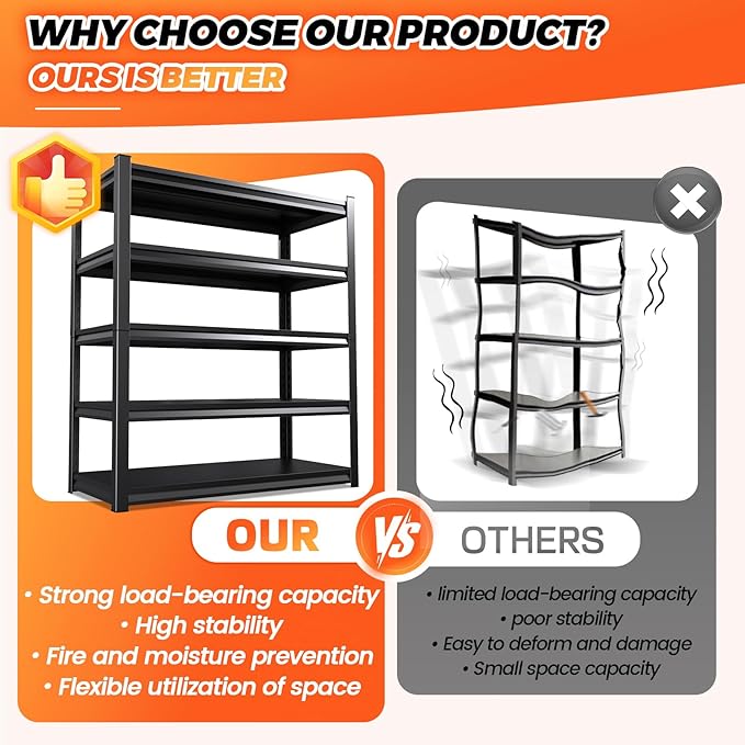 72 ”H Garage Shelving Heavy Duty, Garage Storage Shelves 2500LBS Industrial Shelving Unit, Adjustable Metal Shelving, Steel Garag Organizer, Rack Shelf for Basement, 72 ”H×36”W×16”D