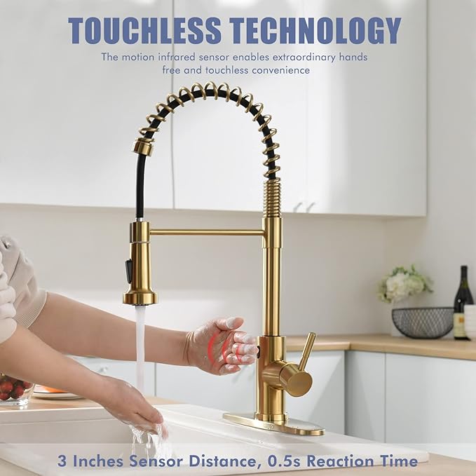 GIMILI Gold Touchless Faucet with Pull Down Sprayer, Motion Sensor Smart Activated Single Hole Spring Faucet for Kitchen Sink, Brushed Brass Finish