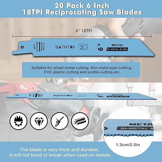 20 Pack 6 Inch 18 Tpi Reciprocating Saw Blades with 8% Cobalt for Longer Life and Faster Cutting Speed, Bi-Metal Sawzall Blades for Sheet Metal, Pipes, PVC Plastic, Profiles Cutting
