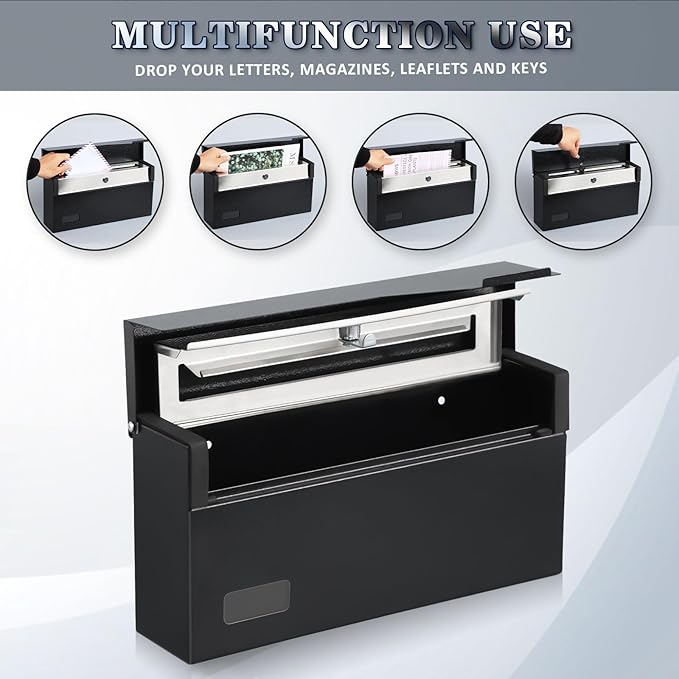 xydled Mailbox with Key Lock, Locking Wall Mount Mail Boxes for Outside, Steel Hanging Metal Mailbox, Modern Post Box, Black, 14.57''x7.09''x3.4''