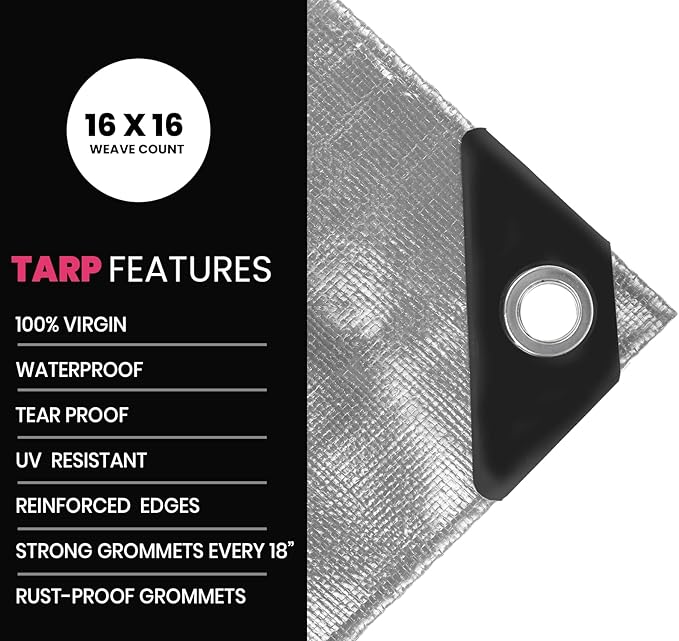 PROTARP Extreme Heavy Duty 22 Mil Tarp Cover, Waterproof, UV Resistant, Rip and Tear Proof, Poly Tarpaulin with Reinforced Edges for Roof, Camping, Patio, Pool, Boat. (Silver/Black 30′ X 70′)