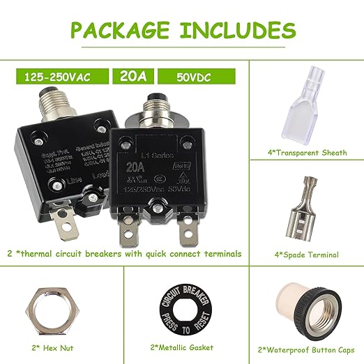 20A Manual Reset Push Button Circuit Breaker 125/250V AC 50V DC Thermal Overload Protector with Quick Connect Terminals and Waterproof Button Caps Assortment Kit(Pack of 2 pcs)