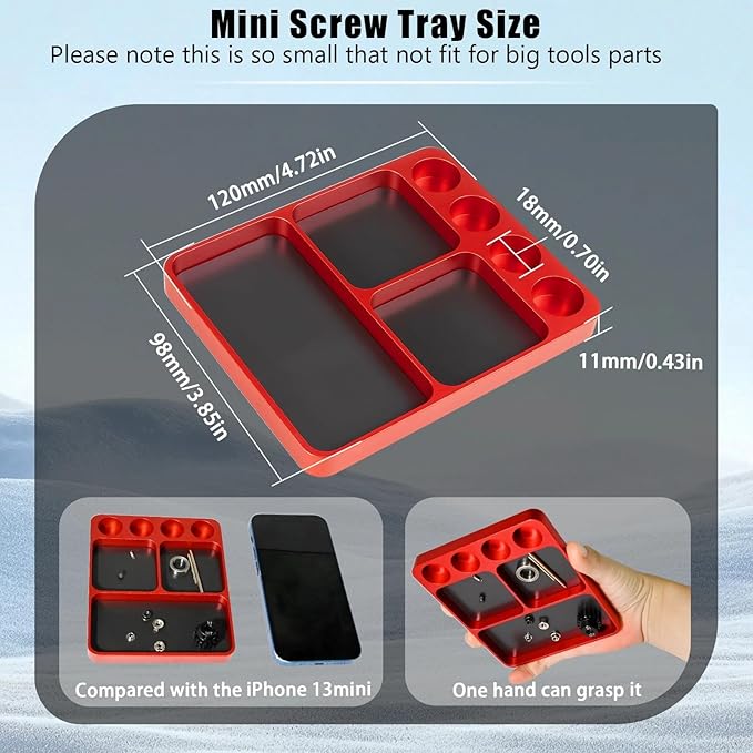 Magnet Tool Tray Aluminum Alloy Screw Tray with Tool Holder RC Parts Fixing for 1/10 RC Cars, Drones, Phone, Computer, Eyeglass, Electronic Multi-Compartment Anti-Loss Organizer Storage Box (Red