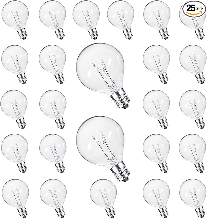 G40 Replacement Light Bulbs 120V 5W Clear Globe E12 Replacement Bulbs for Outdoor String Lights Dimmable Incadescent Bulbs for Indoor Outdoor Patio Decor,Pack of 25