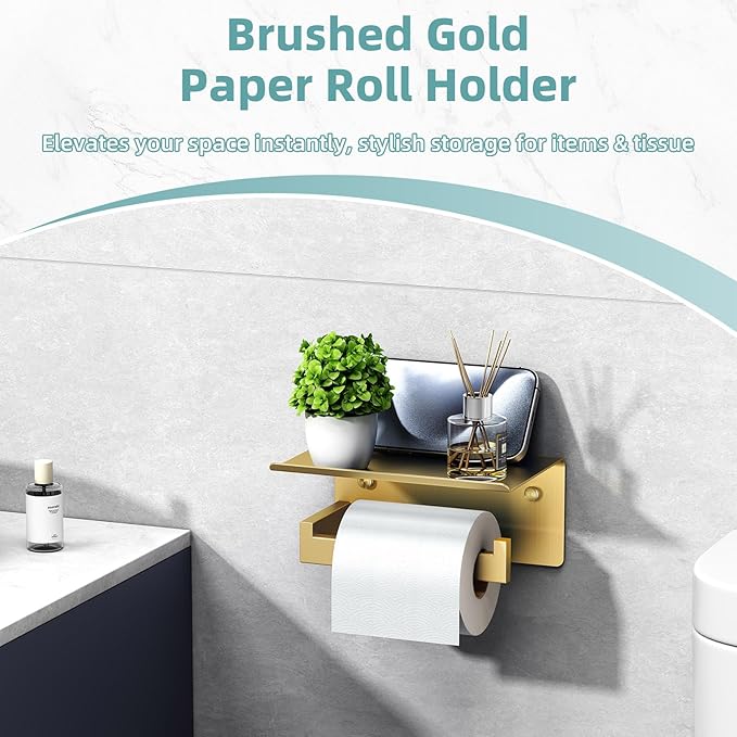 Toilet Paper Holder with Shelf Brushed Gold, APLusee SUS 304 Stainless Steel Modern Bathroom Accessories Tissue Roll Dispenser Storage