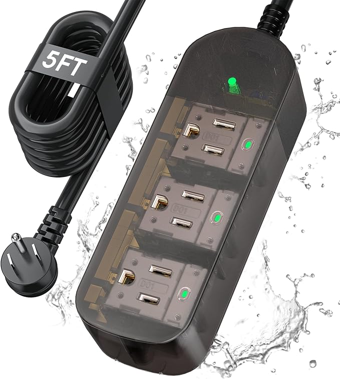 Outdoor Power Strip Weatherproof, Transparent IPX6 Waterproof Surge Protector with 3 Wide Outlets, 1625W/13A, 5FT Extension Cord, Wall Mountable for Indoor Outdoor, UL FCC Listed