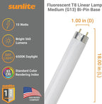 Sunlite F15T8/D 18-Inch T8 Linear Fluorescent Lamp, 15 Watts, 560 Lumens, 6500K Daylight, Medium G13 Bi-Pin Base, ROHS Compliant, 30 Pack