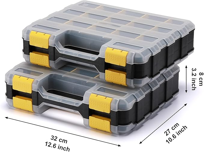EMENTOL 2PCS Double Side Tool Organizer with Customizable/Removable Plastic Dividers, Hardware Box Storage for Screws, Nuts, Nails, Bolts, 34-Compartment, Black/Yellow