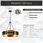 Modern Chandelier 24" Black Gold Industrial Drum Light Fixture 6-Light Metal Hanging Chandelier for Living Dining Room Foyer Entryway Kitchen