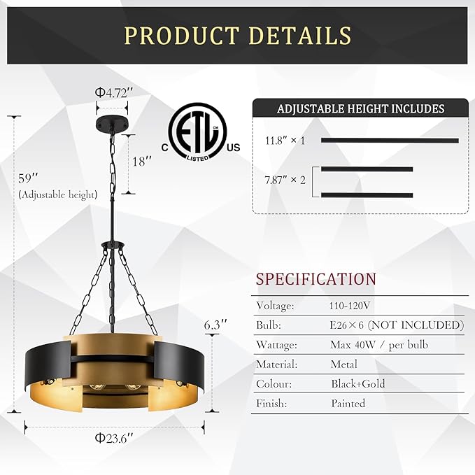 Modern Chandelier 24" Black Gold Industrial Drum Light Fixture 6-Light Metal Hanging Chandelier for Living Dining Room Foyer Entryway Kitchen