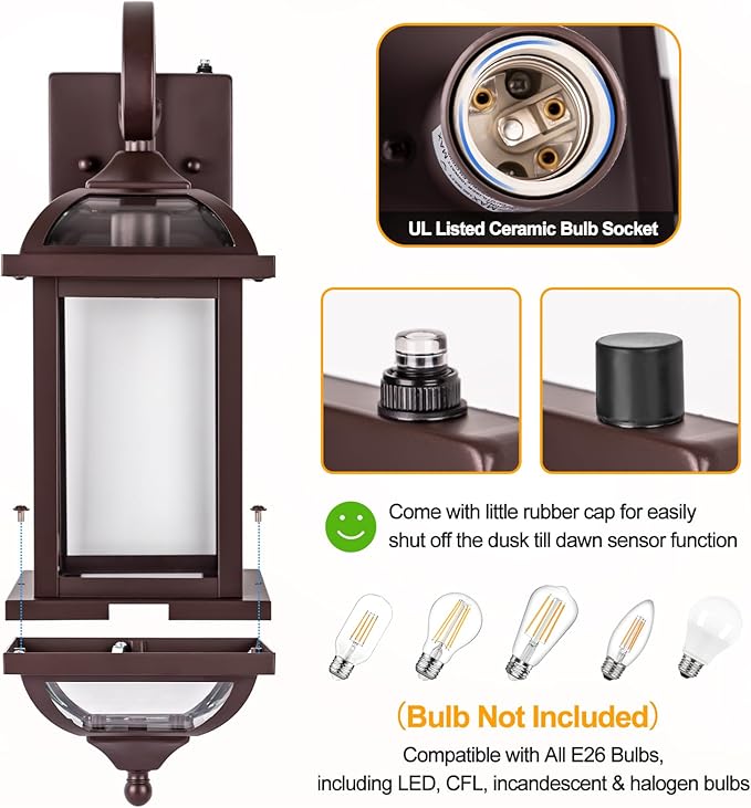 18” Bronze Outdoor Light Fixtures with Dusk to Dawn Sensor 2-Pack, Anti-Rust Aluminum Brown Outside Lights for House Enclosed Bottom Exterior Lighting Scones IP65 Waterproof Wall Lanterns