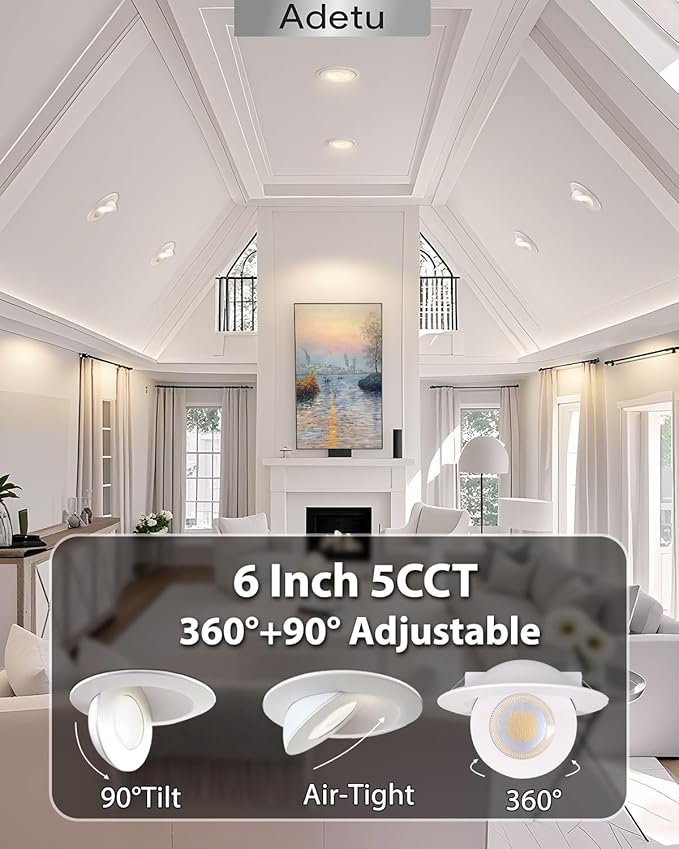 Adetu Led Recessed Lighting 6 inch, 360°+90° Adjustable Directional Gimbal 6 inch Led Recessed Light, 2700K-5000K 5CCT Dimmable Retrofit Eyeball Can Recessed Lights with Jbox, ET (White, 6 Pack)
