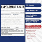 Probiotic for Men & Women, 200 Billion CFU 35 Strains, Prebiotics + Digestive Enzymes, Supreme Restore Probiotic Supplement, Upper, Mid, Lower GI Tract Balance, 60 Veggie Capsules, 1 Month