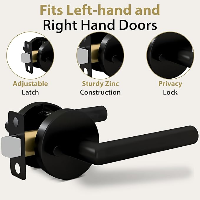 Mega Handles Ronn Privacy Lever & Lock Door Handle Set for Hallway, Closet and Bathroom, Keyless Lock, Heavy Duty Door Levers, Fits All Standard Door Sizes, Screws Included - Onyx (1 Pack)