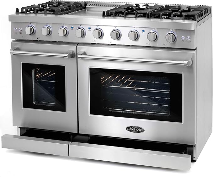 COSMO COS-EPGR486G 48 in. Haven Collection 7 cu. ft. Double Oven Gas Range, 6 Burners, Griddle, Convection, Knob LEDs, Stainless Steel