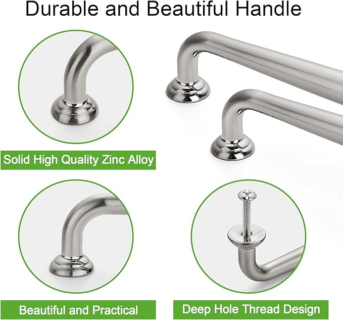 TUNNY 10 Pack Cabinet Handles-3.8"/96mm Screw Spacing Brushed Nickel Furniture Hardware Handles for Kitchen Cabinets Bedroom Dresser Wardrobe Cabinet Pulls